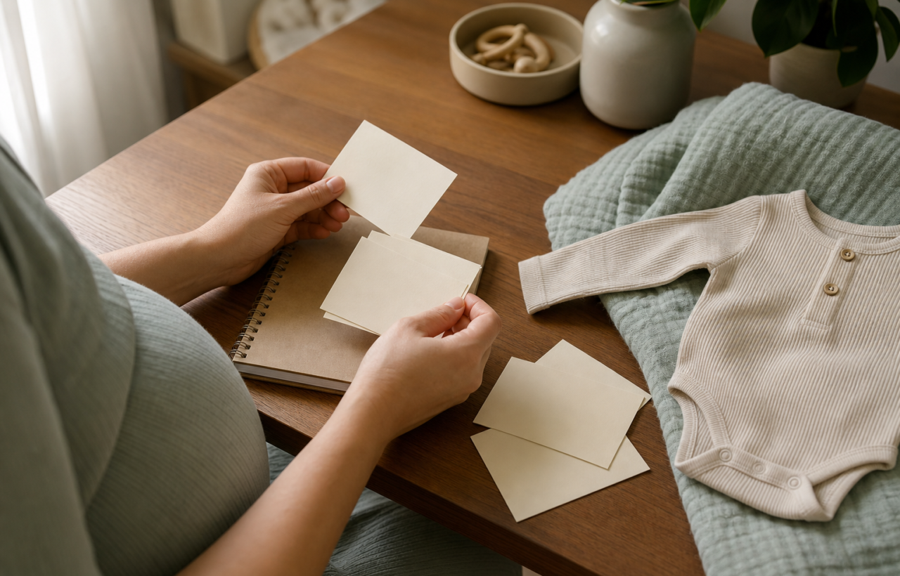 Expectant parent arranging blank baby name cards at a wooden nursery desk