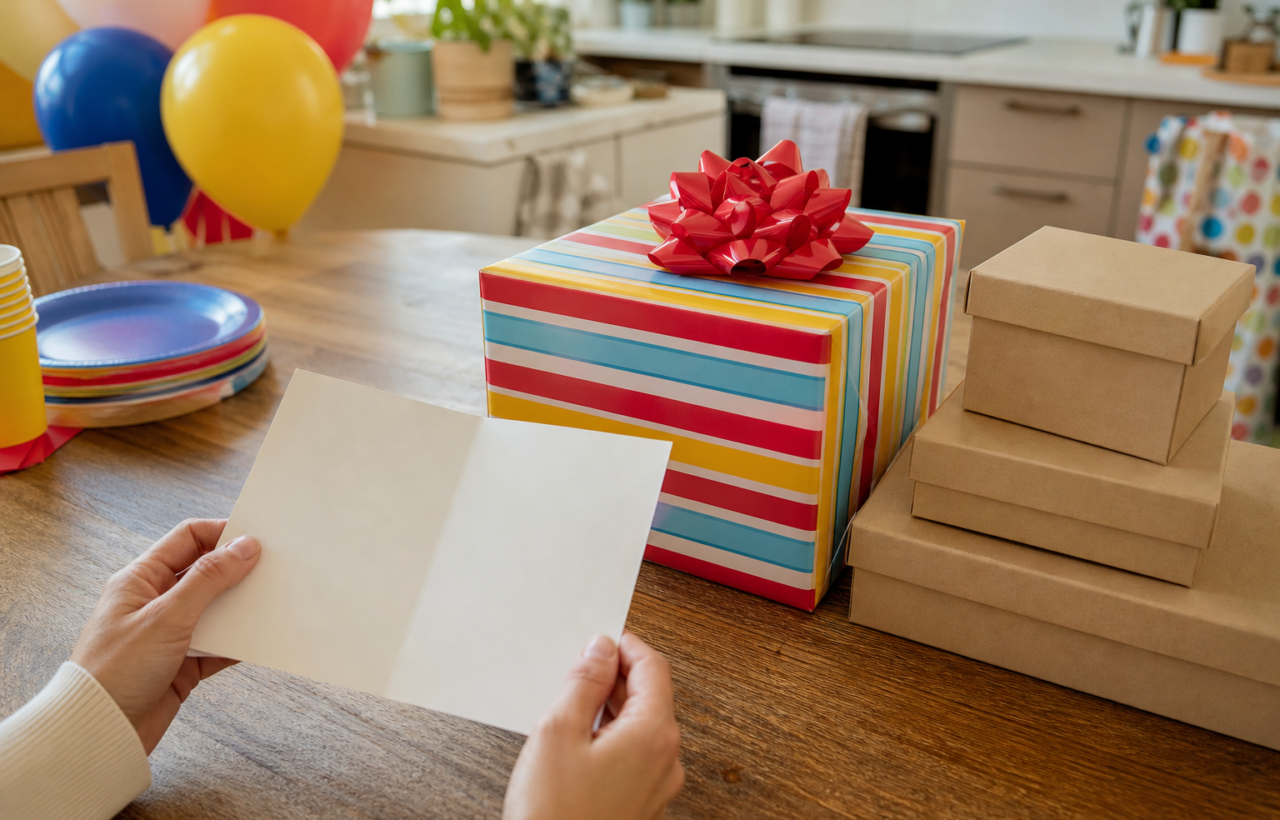 Parent holding an open birthday invitation beside wrapped gifts and party supplies on a kitchen table