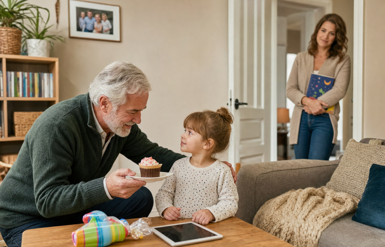 Grandfather offers a cupcake to a young child while a parent watches with a bedtime book in a cozy living room.