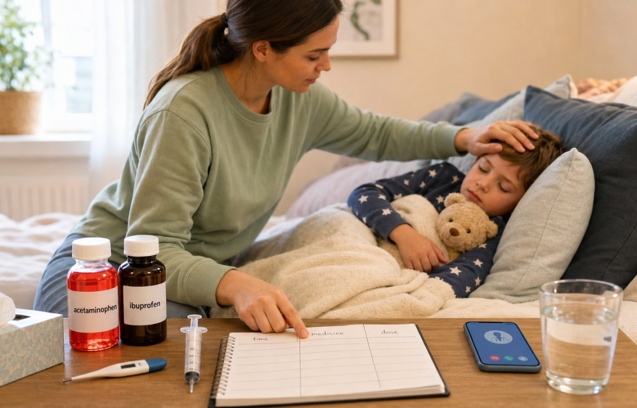 Parent checks a resting child's forehead while tracking acetaminophen and ibuprofen doses in a medication log.