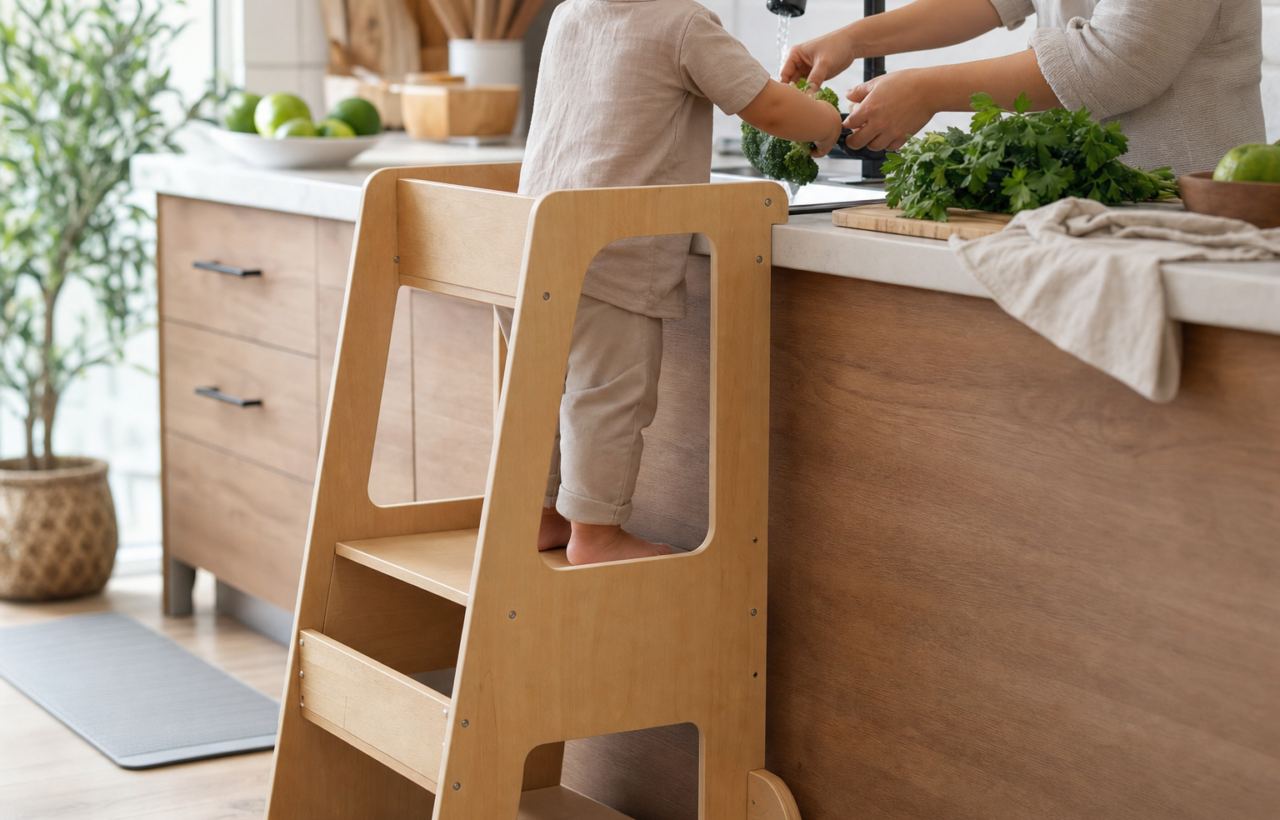 Child standing in a wooden toddler learning tower while an adult helps rinse vegetables at a kitchen counter