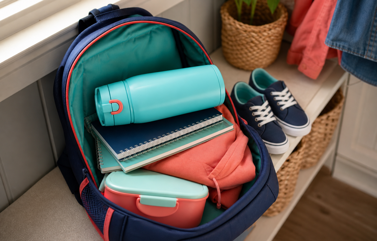 Leakproof kids water bottle packed sideways in an open school backpack with notebooks and lunch container