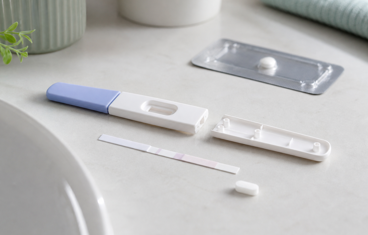Opened home pregnancy test with internal strip beside a blurred medicine blister on a bathroom counter