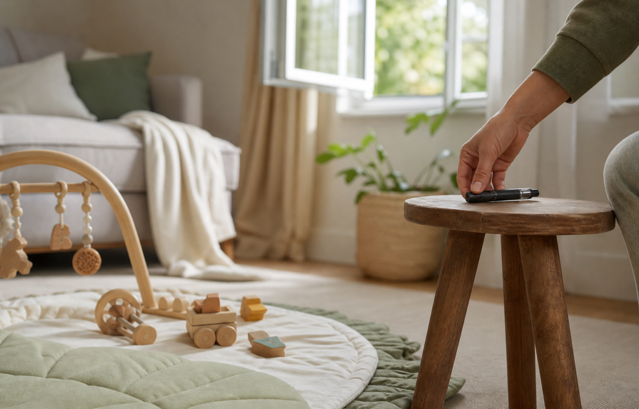 Parent moves a vape pen away from a child’s play area in a living room.