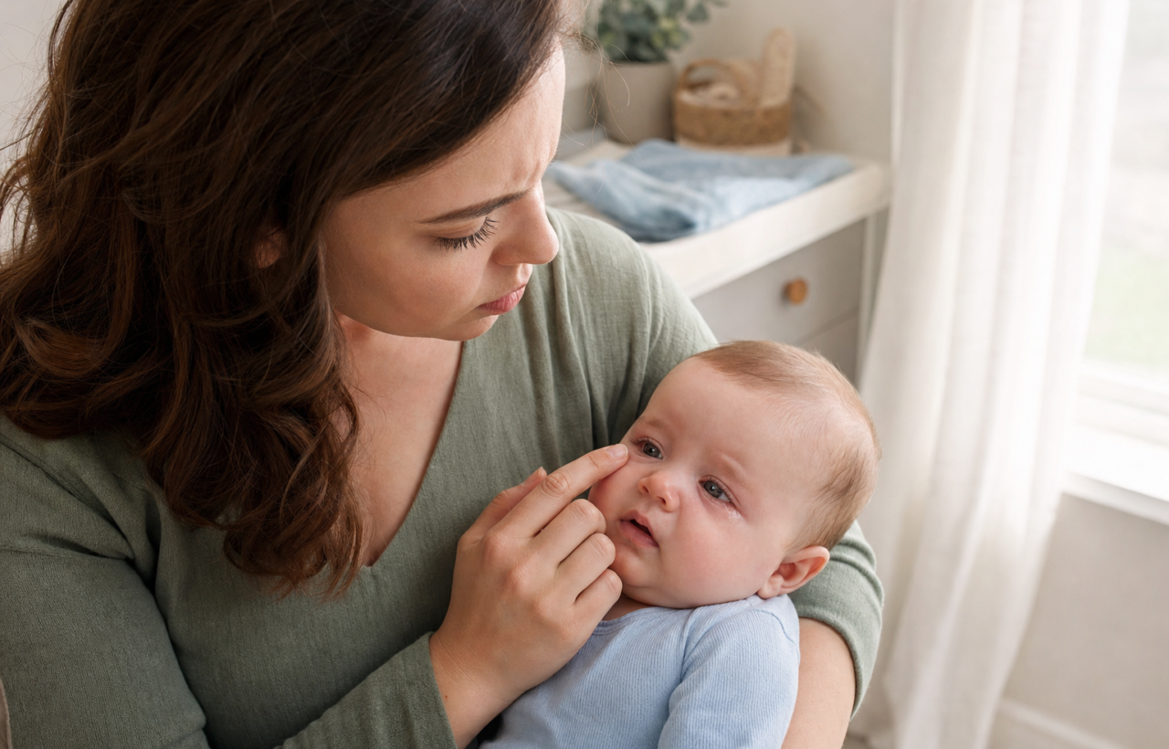 Concerned parent gently checking an infant’s watery, slightly red eye in a calm nursery