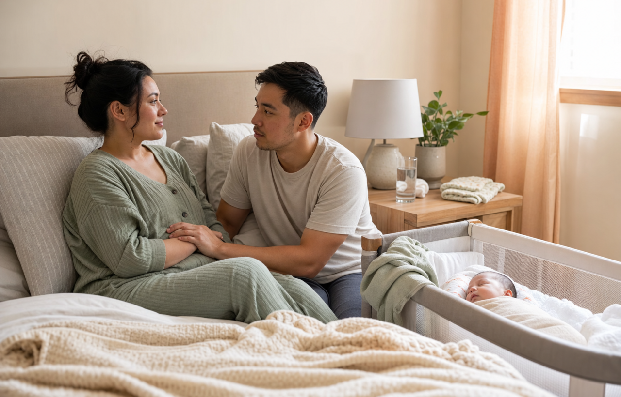 New parents sit together in a soft morning bedroom while their newborn sleeps in a nearby bassinet.