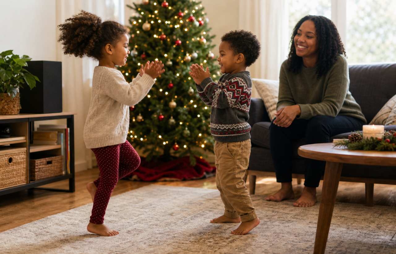 Two young children dancing and clapping beside a Christmas tree while a parent smiles nearby.