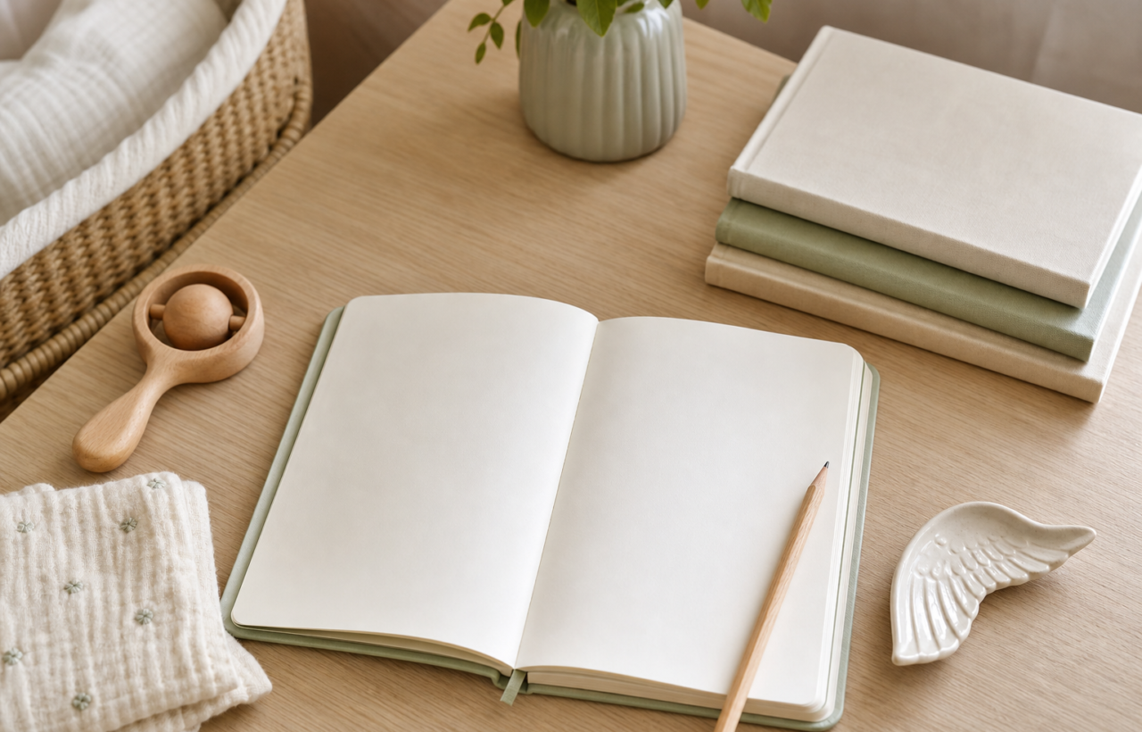 Open blank baby-name notebook on a softly lit nursery desk