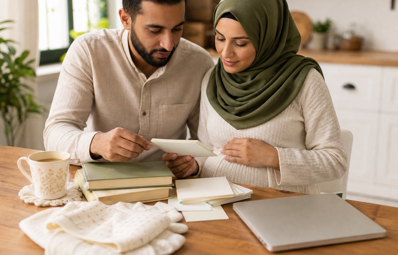 Expectant Muslim parents reviewing baby name books and note cards at a kitchen table