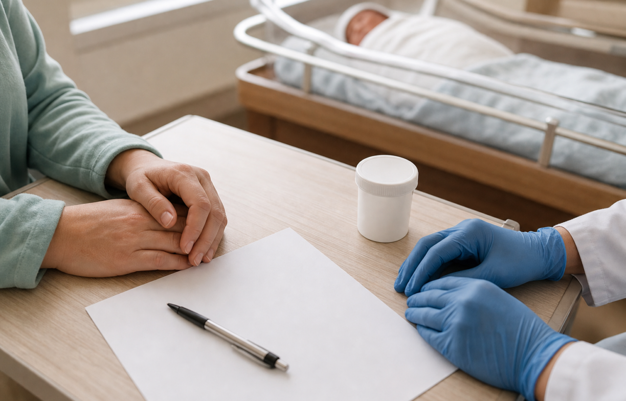 Clinician and new parent discuss a consent form beside a specimen container in a postpartum hospital room.