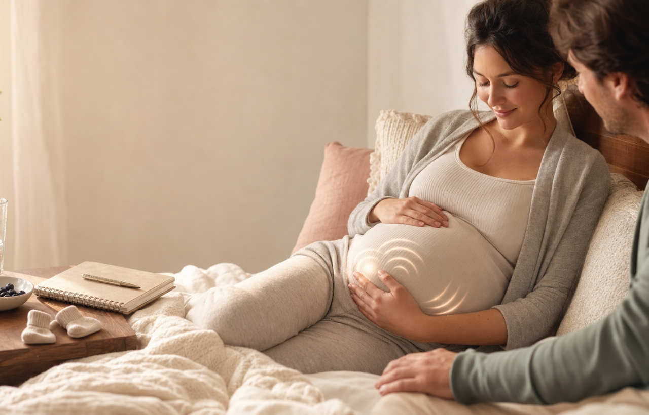 Pregnant woman resting with hands on belly while noticing baby kicks, with her partner nearby in a cozy bedroom.