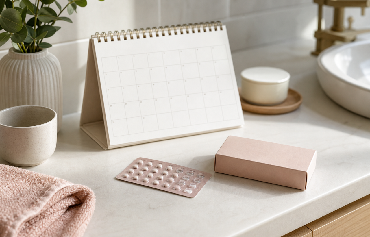 Bathroom vanity with birth control pills, blank calendar, and pregnancy test box