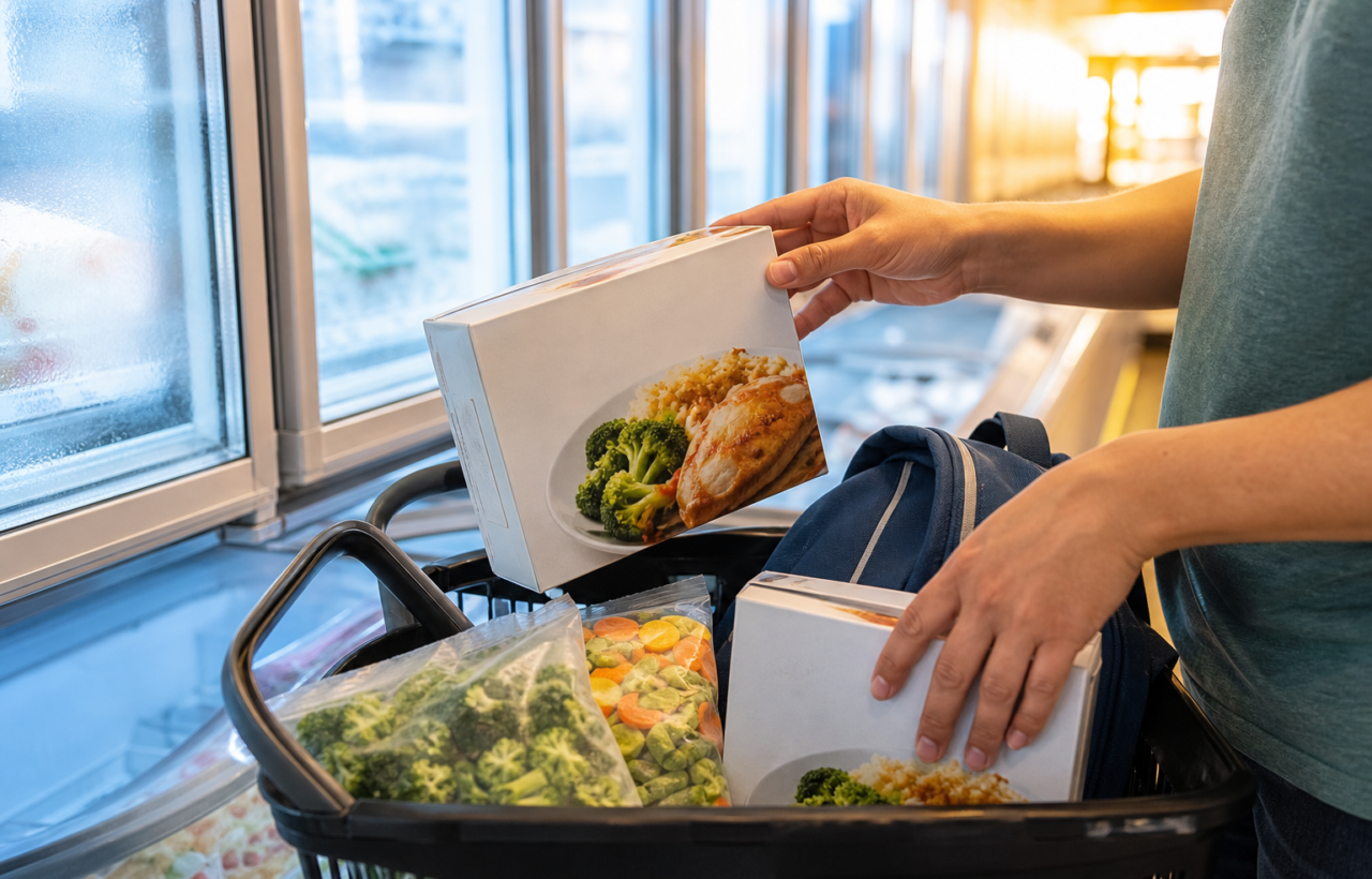 Parent placing frozen meals and vegetables into a supermarket basket in a freezer aisle.
