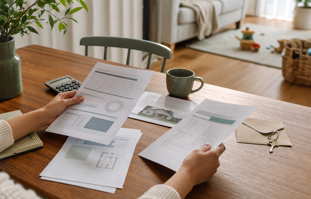 Homeowner reviewing household budget and mortgage documents at a kitchen table