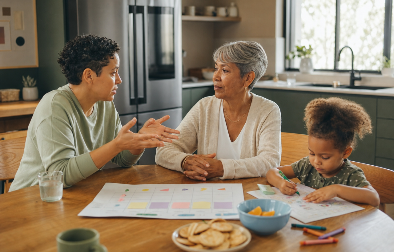 Parent and grandparent talk at a kitchen table while a young child colors beside a weekly routine chart.