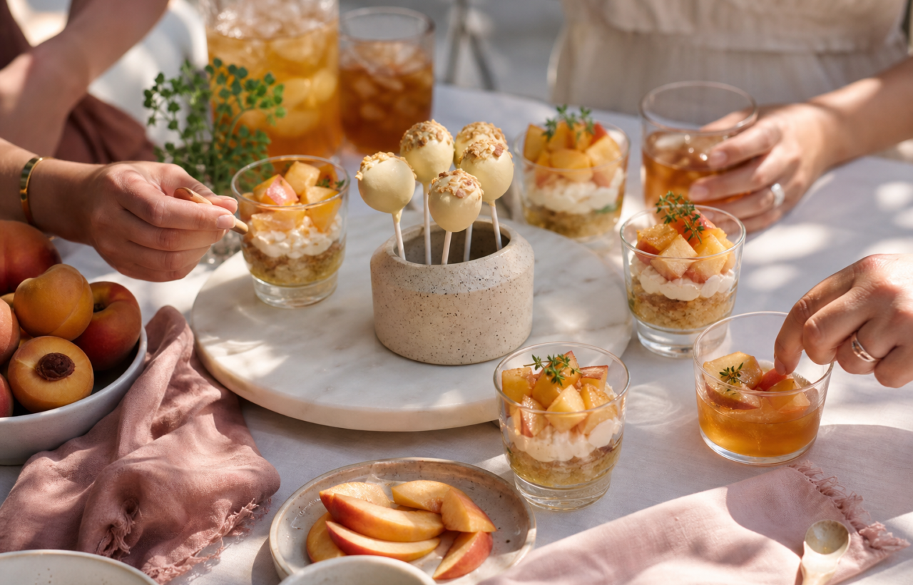 A summer patio dessert table with peach cups, cake pops, fruit, napkins, and hands reaching for individual treats.