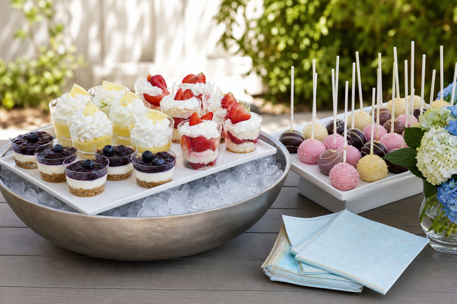 Chilled dessert cups sit on ice next to cake pops and napkins on a shaded outdoor party table.