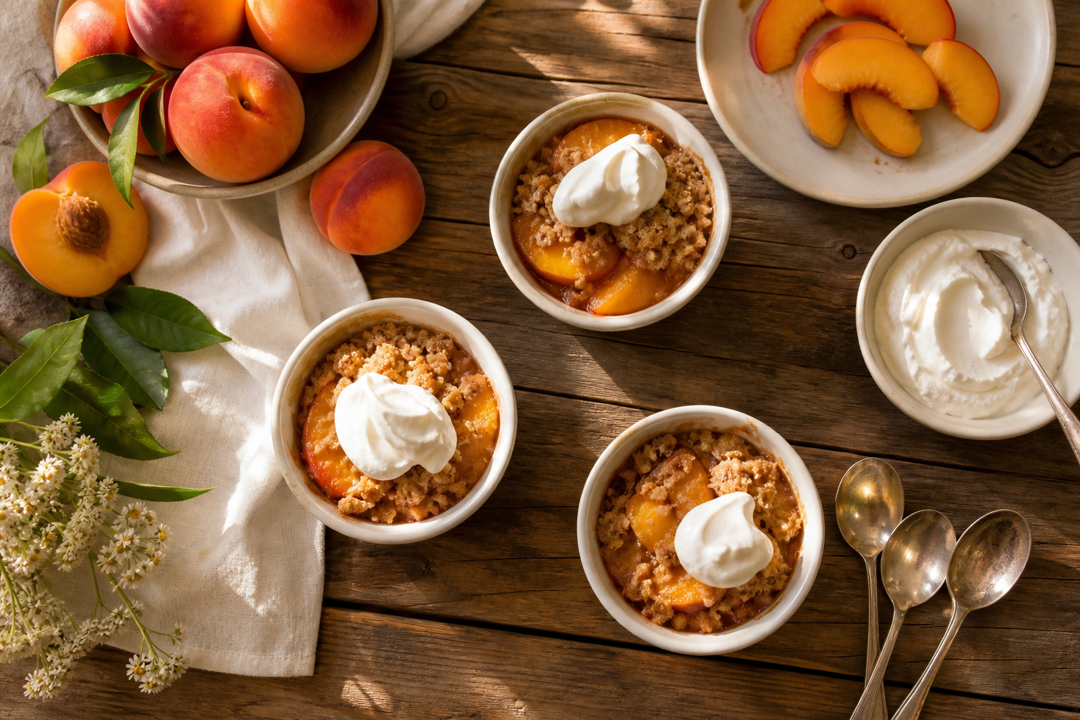 Small peach crumble desserts, sliced peaches, whipped cream, and serving spoons are arranged on a rustic table.