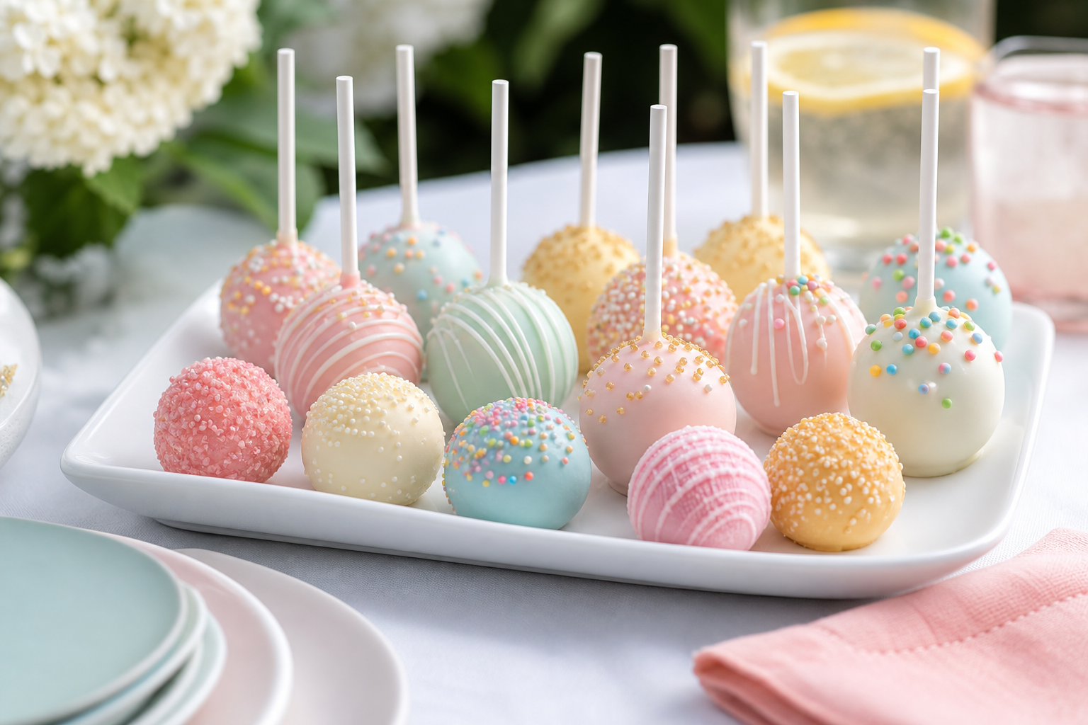 Cake pops and cake balls in pastel coatings are arranged on a white platter with small plates and napkins nearby.