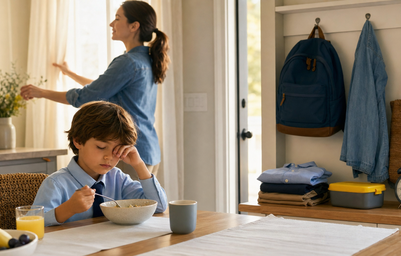 Sleepy child eating breakfast in a calm family kitchen before school