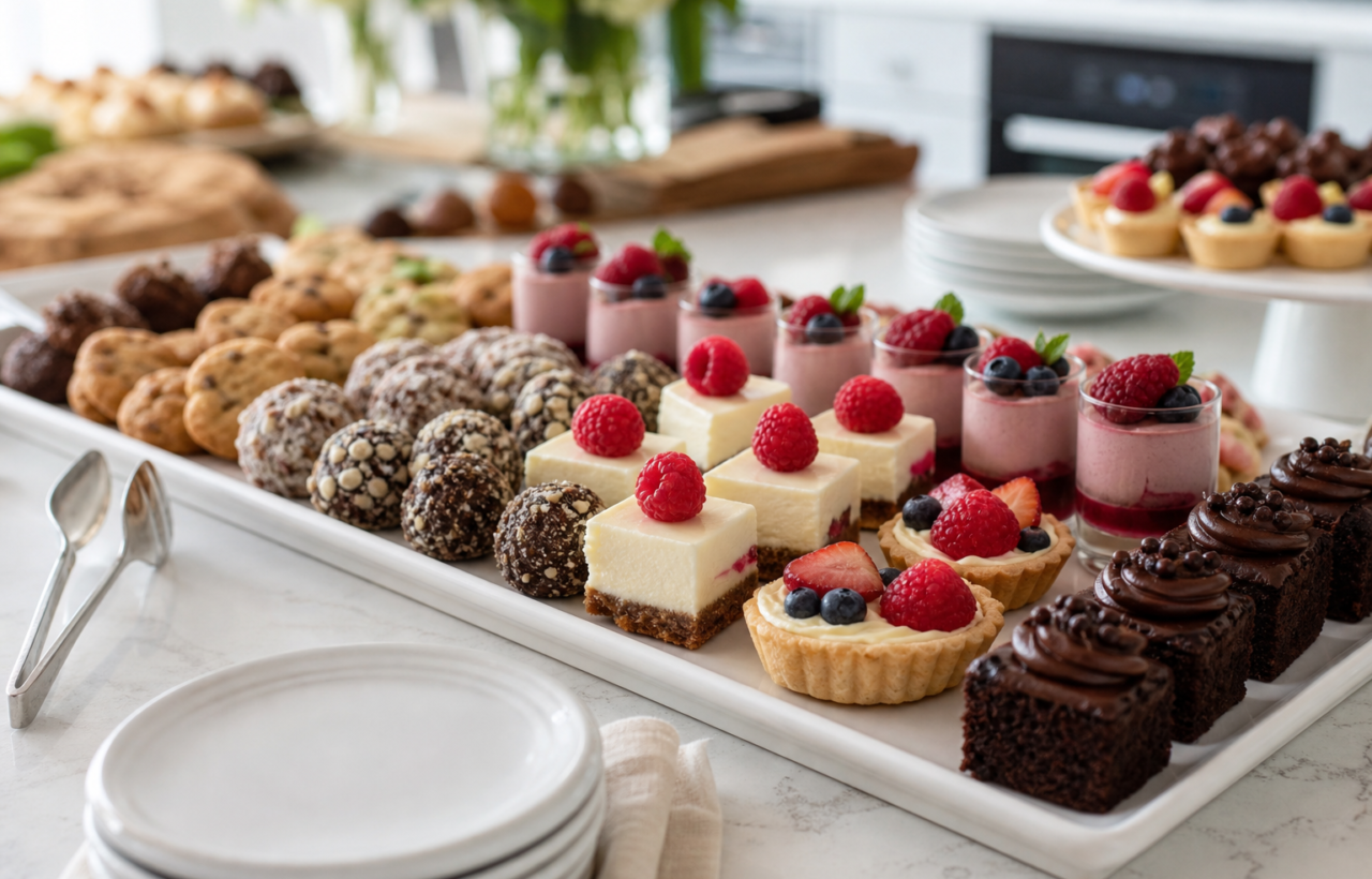 A party dessert tray with bite-sized brownies, tartlets, cheesecake squares, mousse cups, truffles, and cookies arranged on a counter.