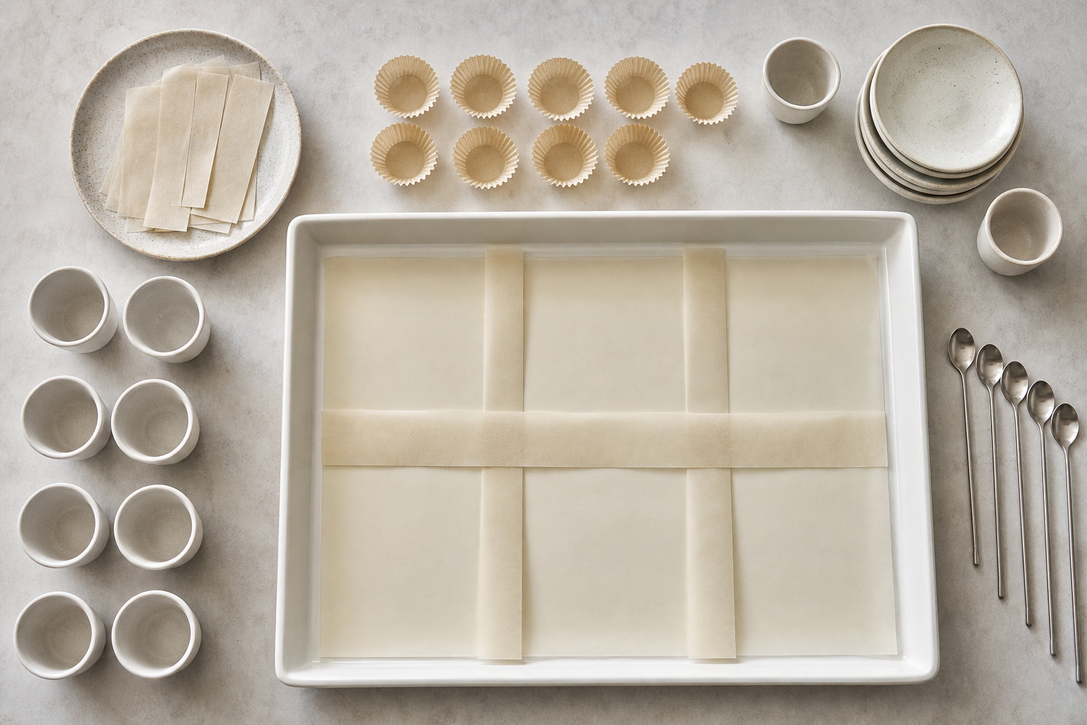 An overhead view of a serving tray layout with small cups, liners, spoons, plates, and dividers arranged before desserts are added.