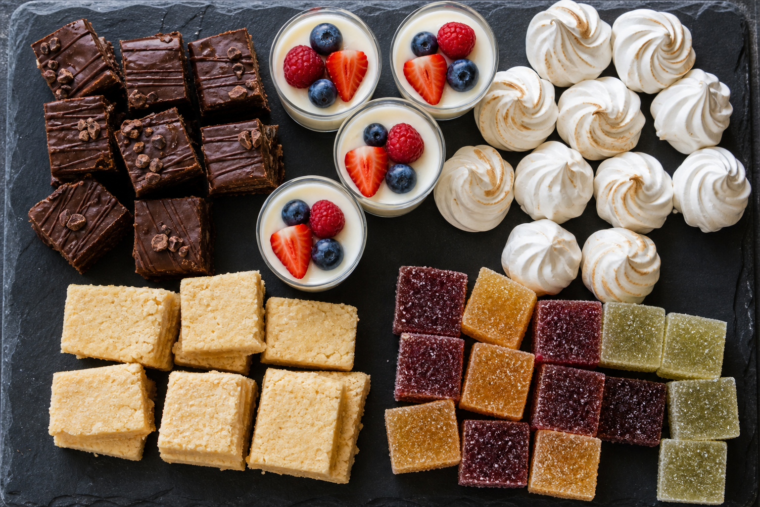 A sweets tray with chocolate bites, cream cups, meringues, shortbread squares, and fruit gelée cubes grouped by type.