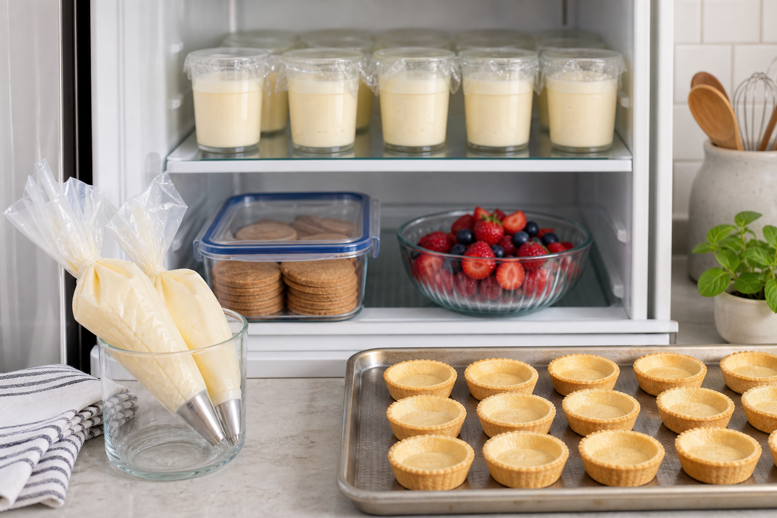 Dessert components stored separately for later assembly, including covered cups, cookie bases, berries, piping bags, and mini tart shells.