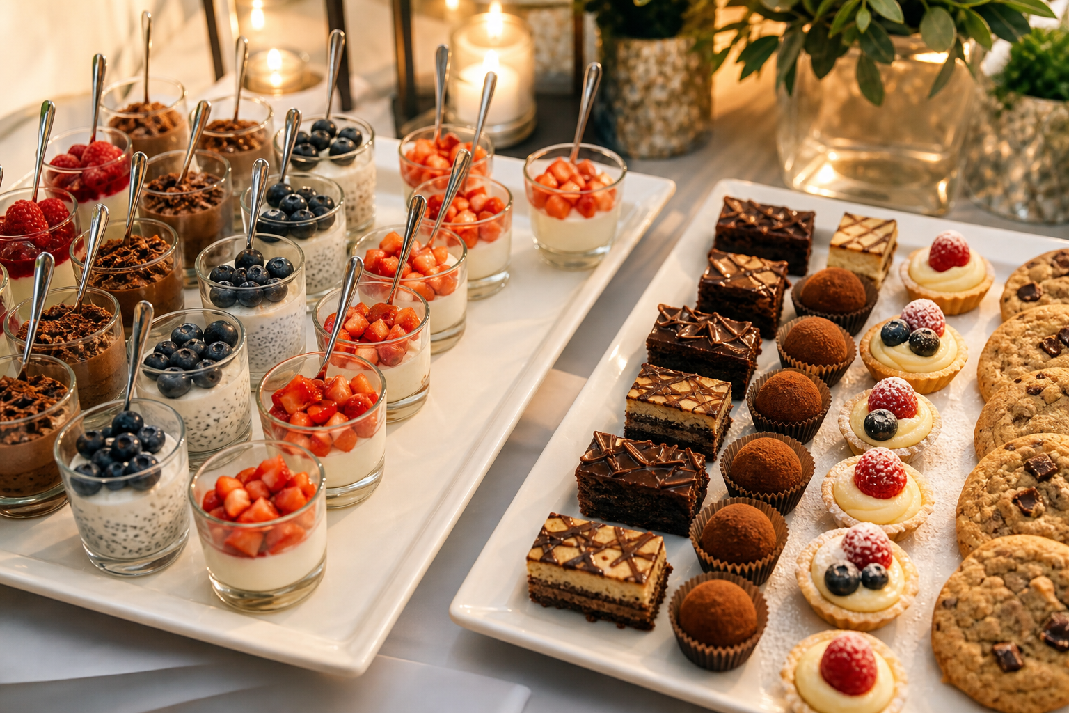 A dessert table with rows of mini cups on one side and handheld bite-sized sweets on platters on the other side.