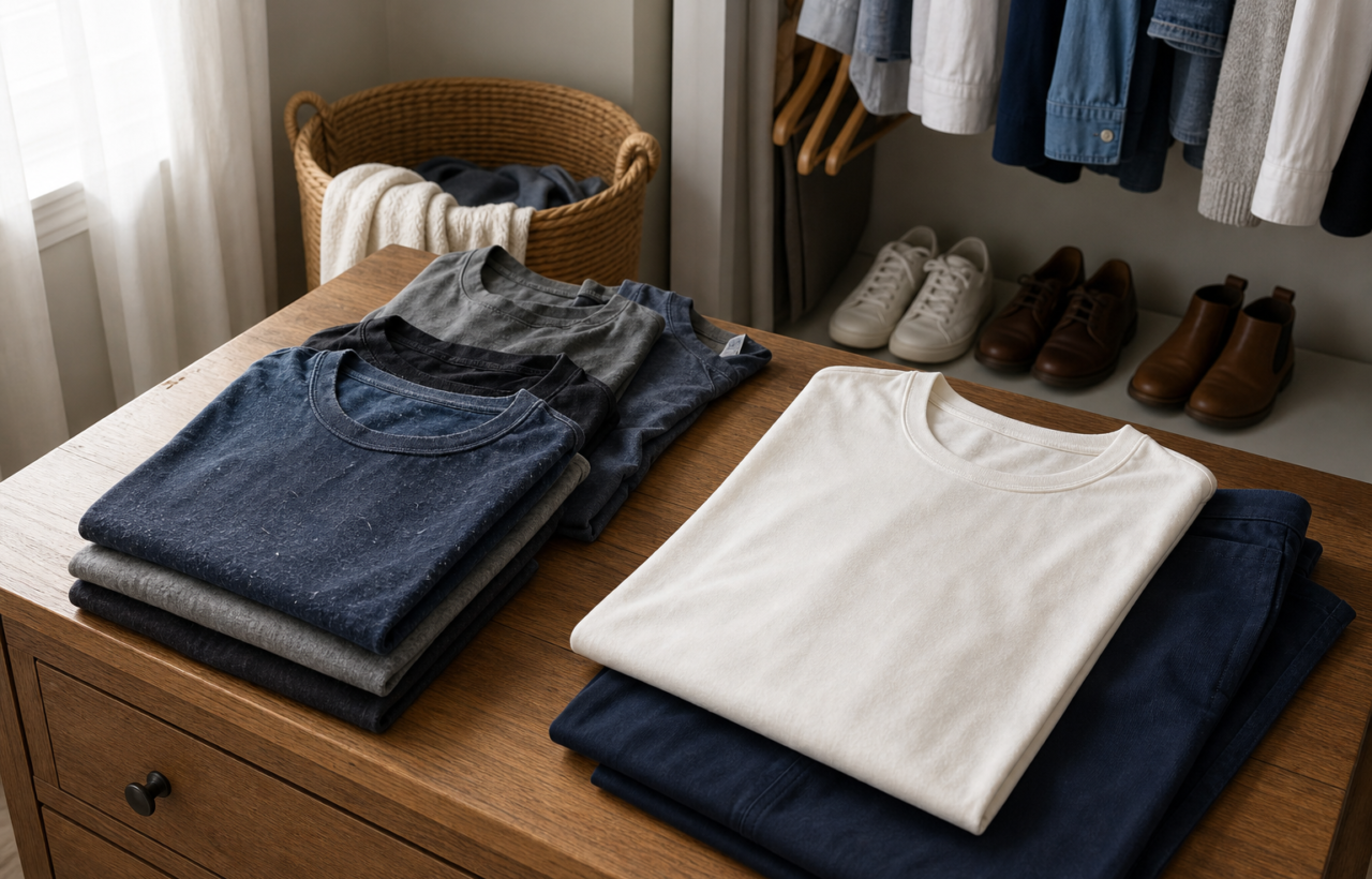 Folded worn T-shirts beside a neat cotton top and pants on a wooden dresser in an organized bedroom closet.