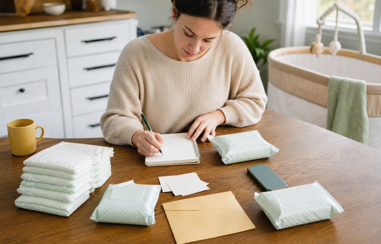 New parent making a diaper search plan at a kitchen table with diapers, coupons, phone, budget envelope, and bassinet nearby