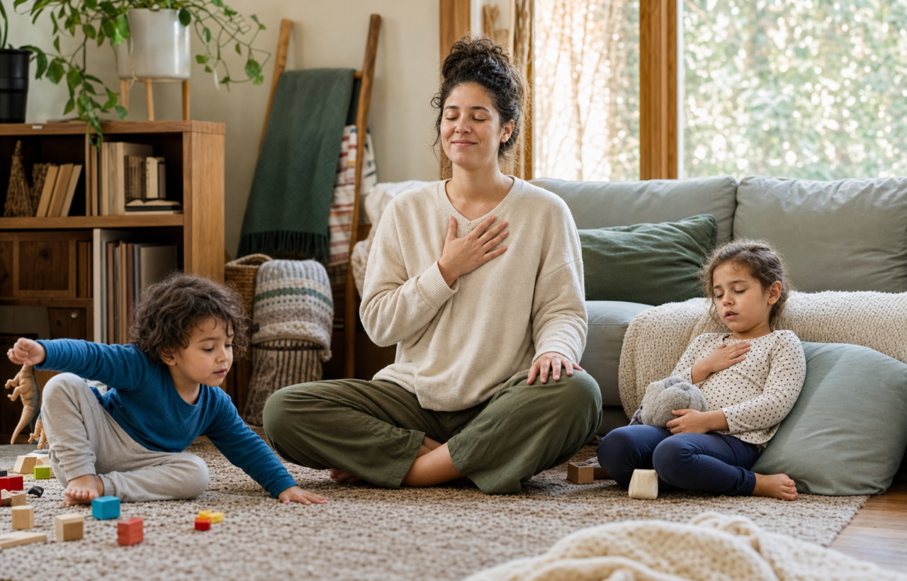 Parent and two children practice calming breaths in a cozy living room.