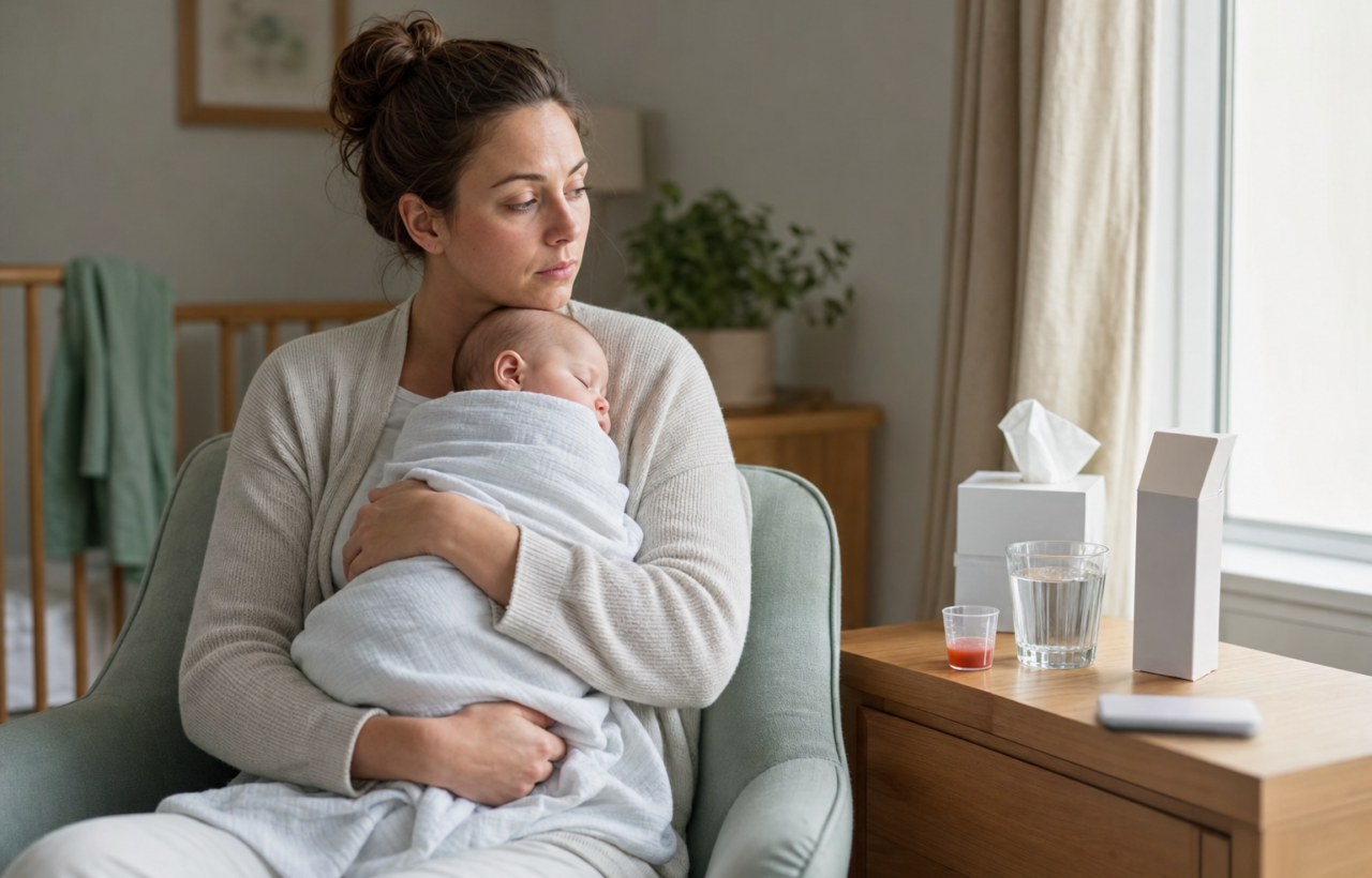 Tired nursing parent holding a newborn beside cold medicine, tissues, water, and a phone in a calm nursery