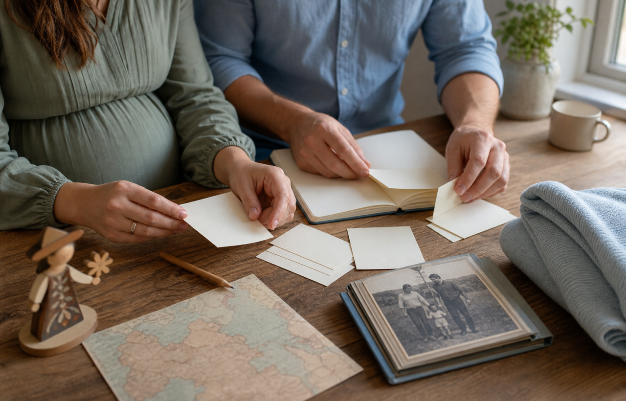 Expectant couple arranging baby name note cards at a warm kitchen table