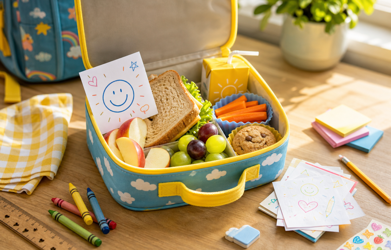 Open kids lunch box with sandwich, fruit, vegetables, juice box, cookie, and a cheerful doodle note on a sunny kitchen table.