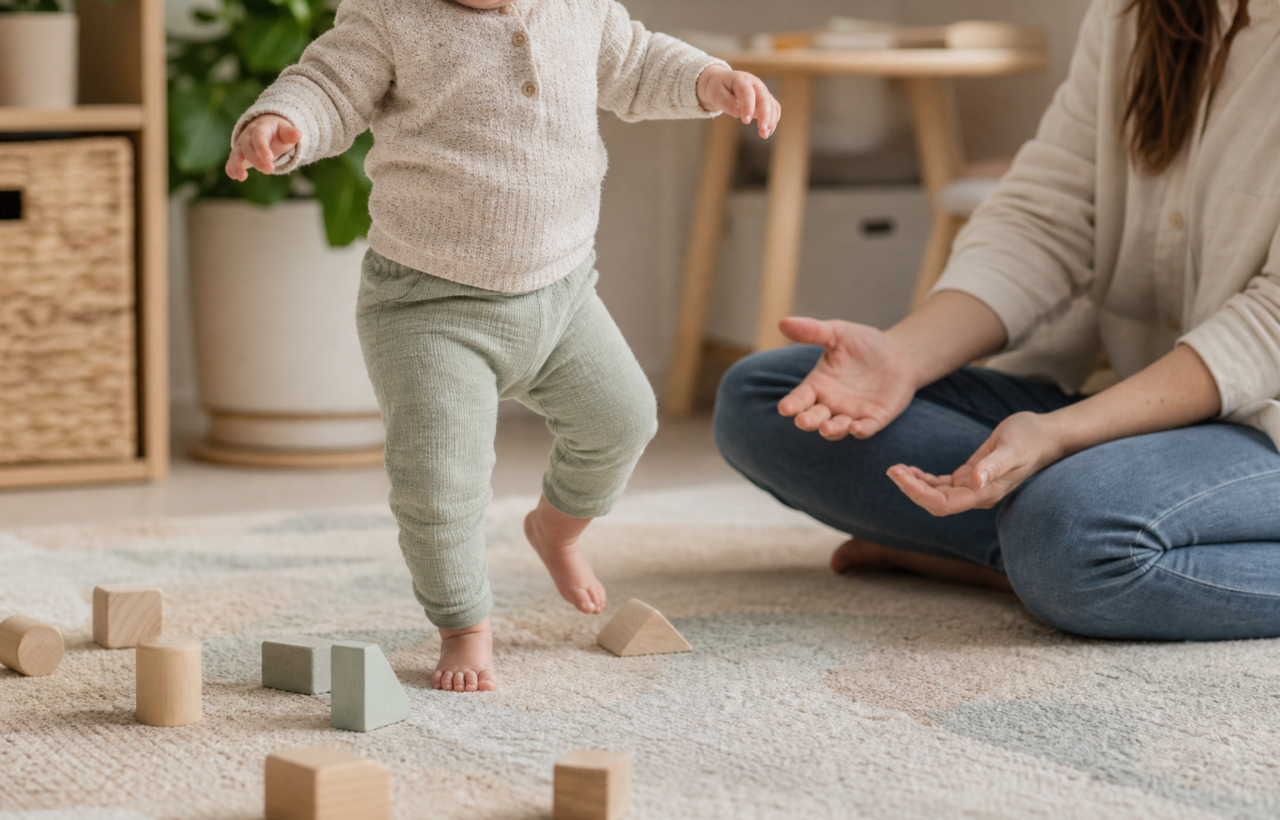 Baby taking a cautious first step on a soft playroom rug as a parent sits nearby with open hands.