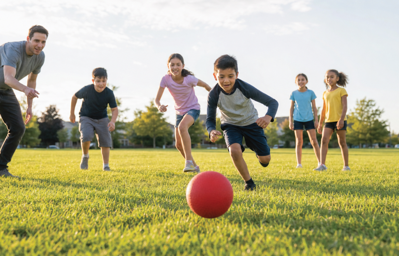 Children and an adult play with a red ball in a sunny neighborhood park