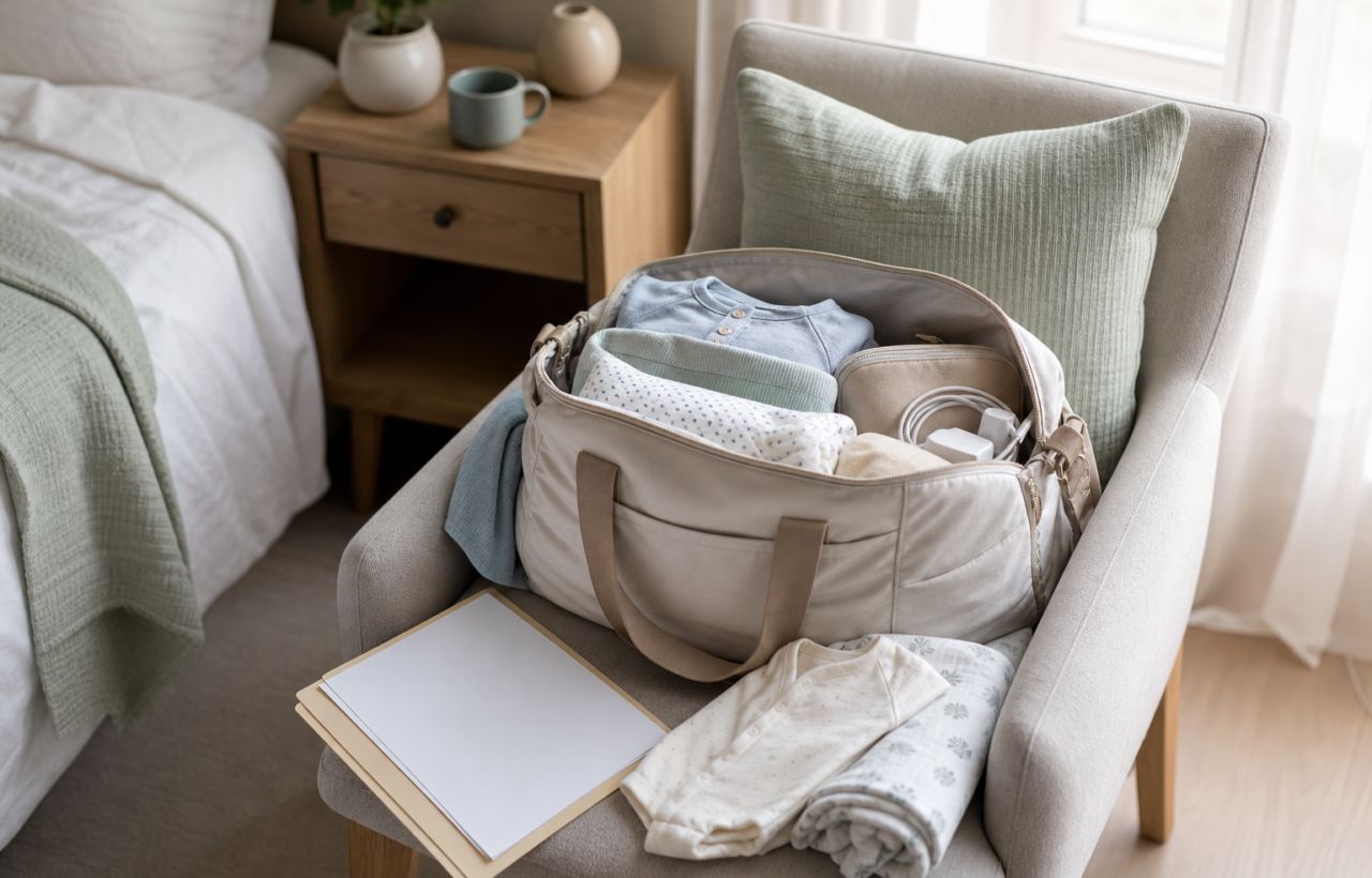 Packed hospital bag with baby clothes, charger, toiletries and medical papers on a bedroom chair.