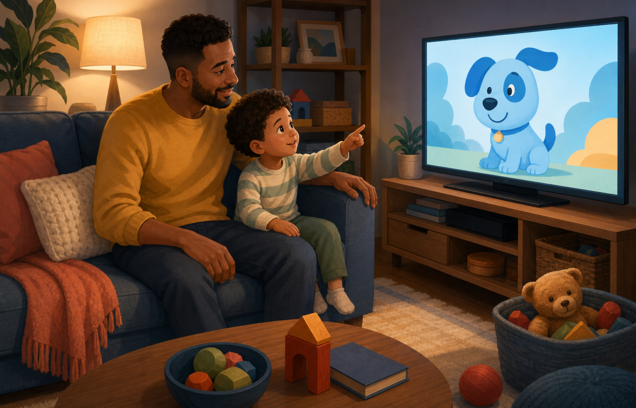 Parent and young child watching a blue cartoon puppy on TV in a cozy living room.