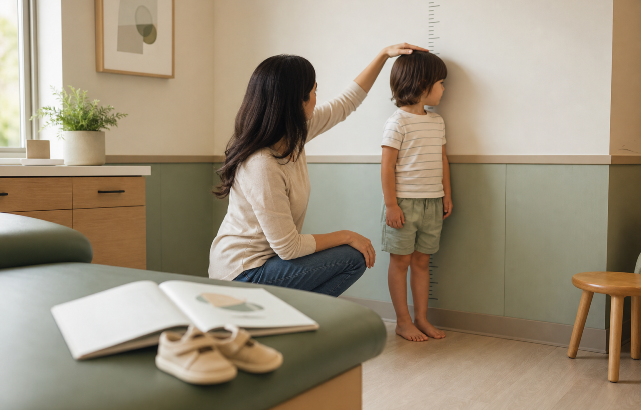 Parent measuring a young child’s height during a calm pediatric checkup