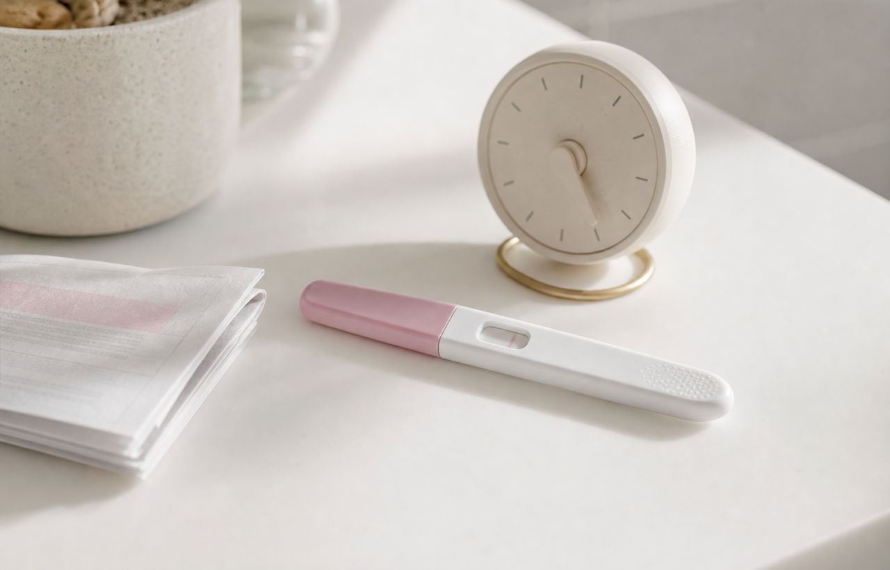 Home pregnancy test with a faint ambiguous line on a white bathroom counter beside a timer and instructions.