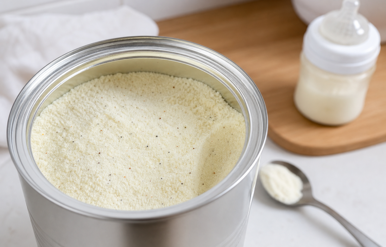Open can of powdered infant formula with tiny specks, spoon, and blurred baby bottle