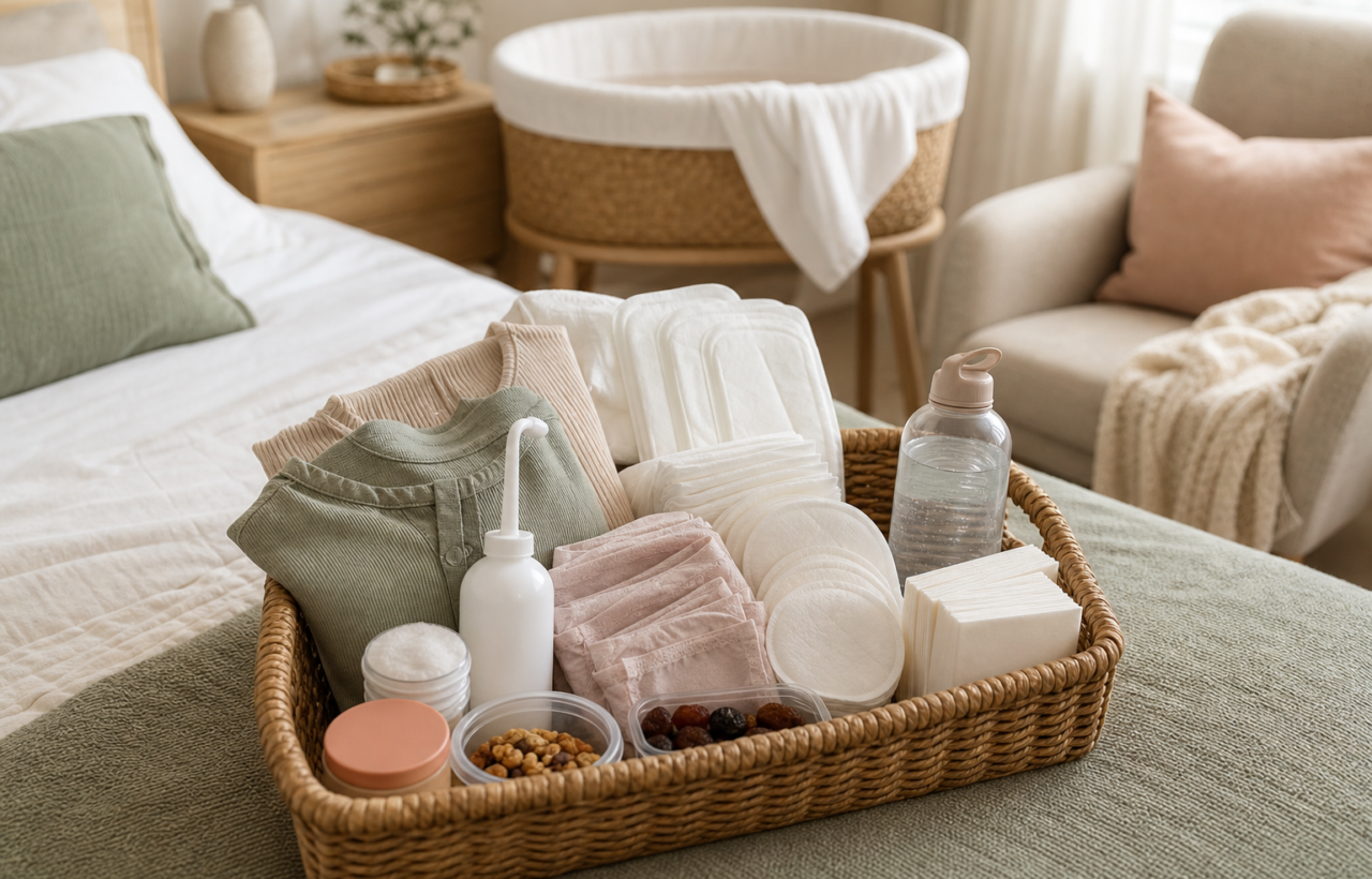 Postpartum recovery basket with pads, peri bottle, nursing supplies, water and snacks in a softly lit bedroom