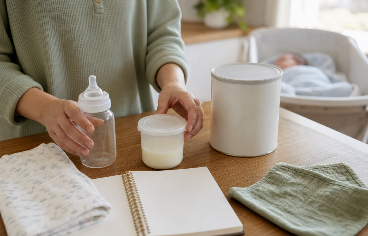 Caregiver preparing infant feeding supplies on a kitchen table