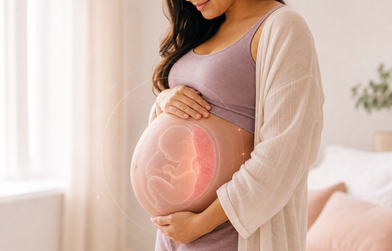 Pregnant person holding belly with subtle illustration of baby and anterior placenta