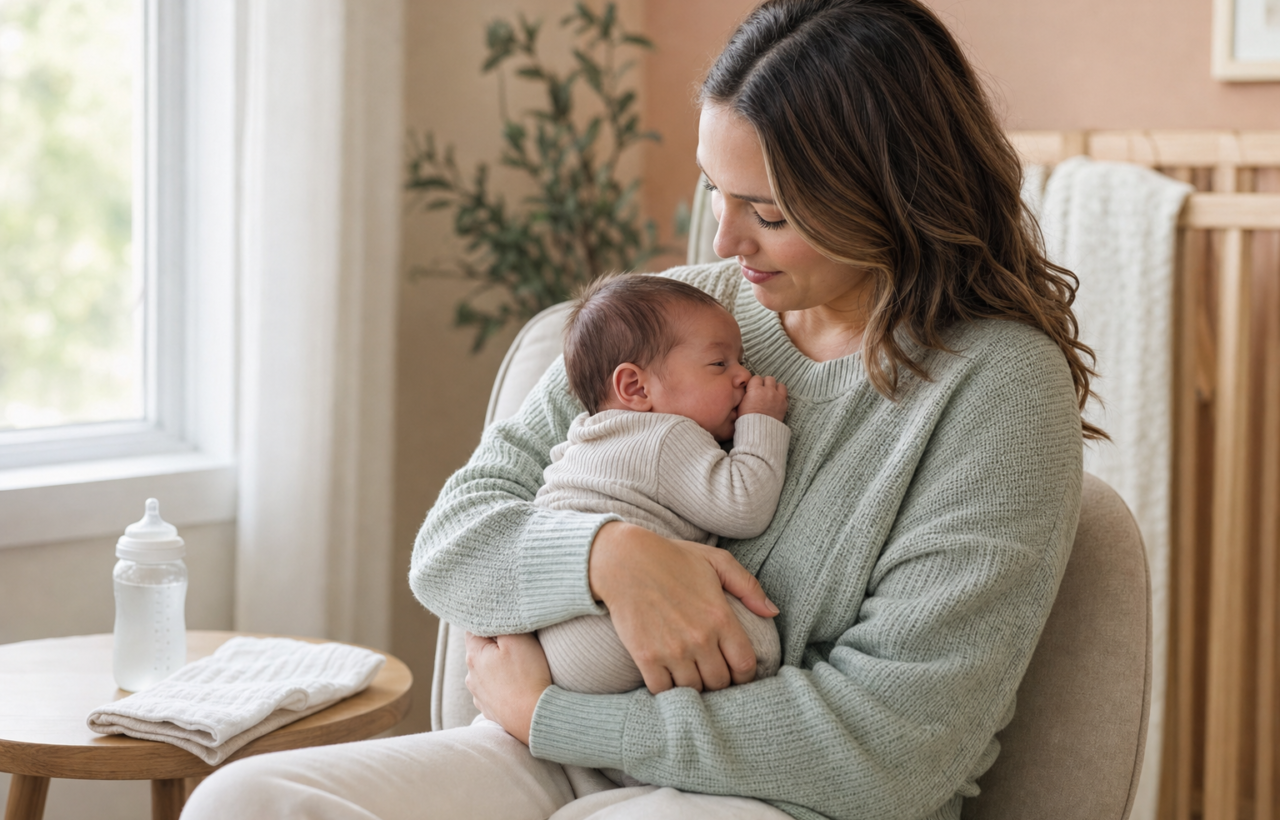 Parent cuddling a newborn showing early hunger cues in a softly lit nursery