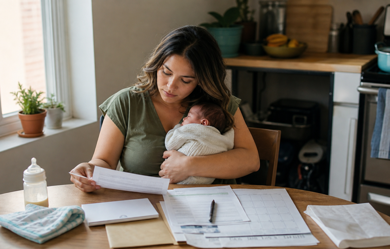 New parent holding a sleeping newborn while reviewing household bills and leave benefits paperwork at a kitchen table