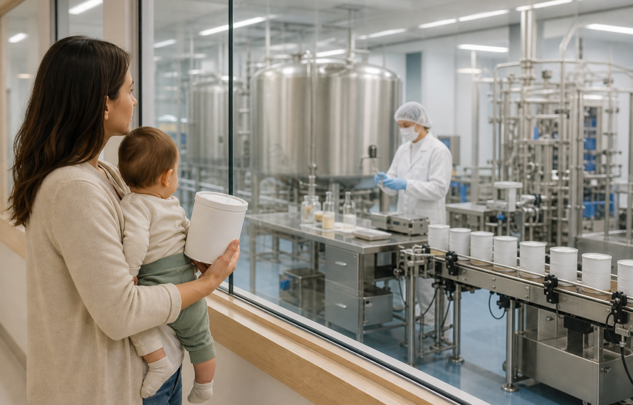 Parent holding a baby and unbranded formula can while viewing an infant formula manufacturing line