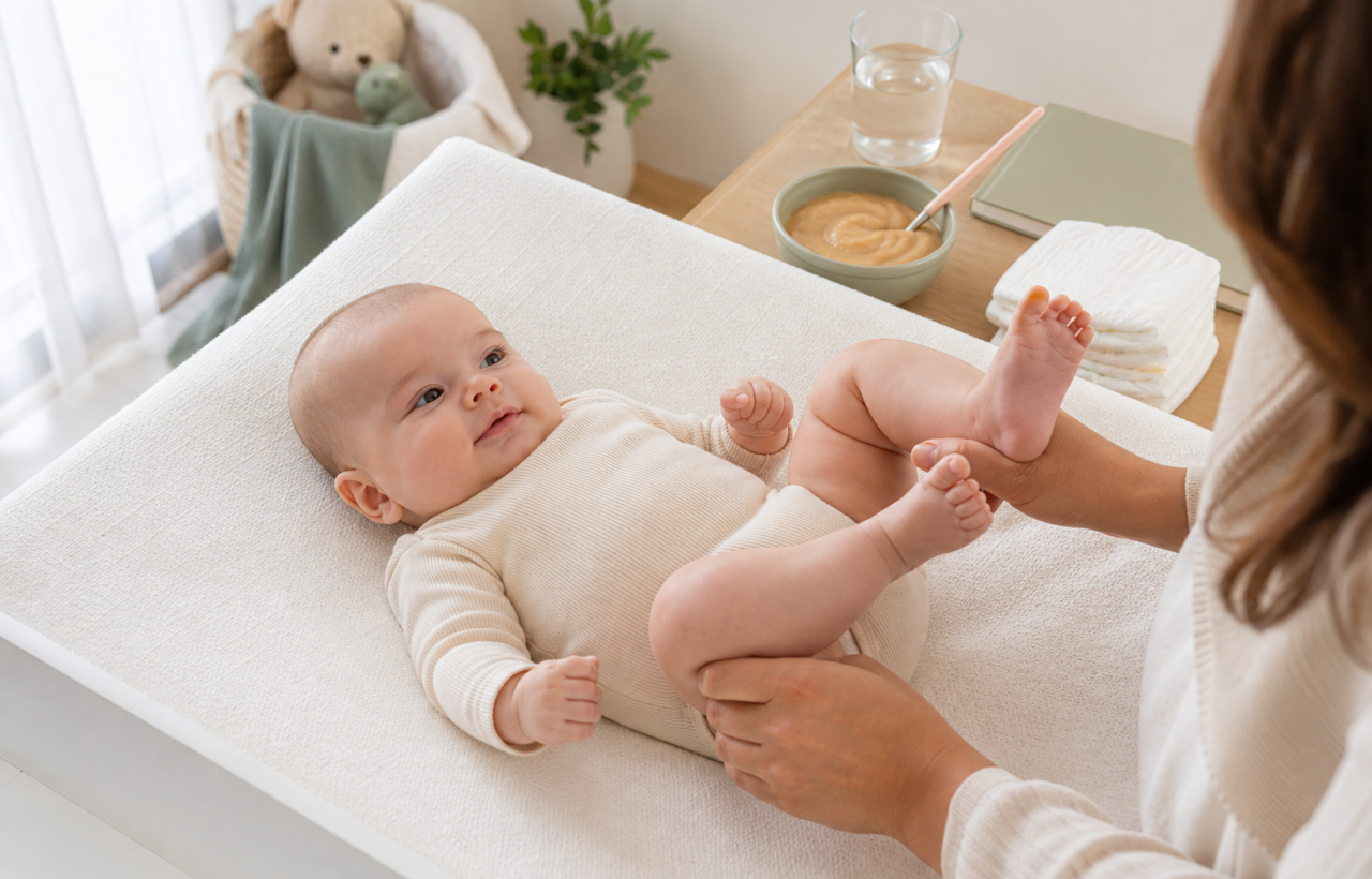 Parent gently bicycling a baby’s legs on a nursery changing mat