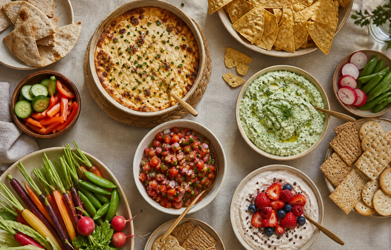 Overhead party table with four different dips, chips, vegetables, crackers, fruit, and serving spoons arranged for guests.